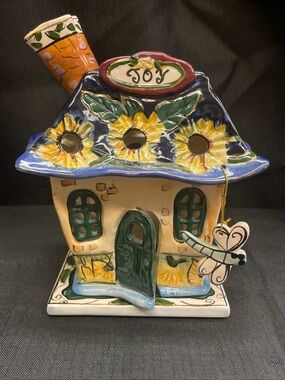 Vintage Blue Sky Pottery Clayworks “Joy” House Tea Light Holder, Signed